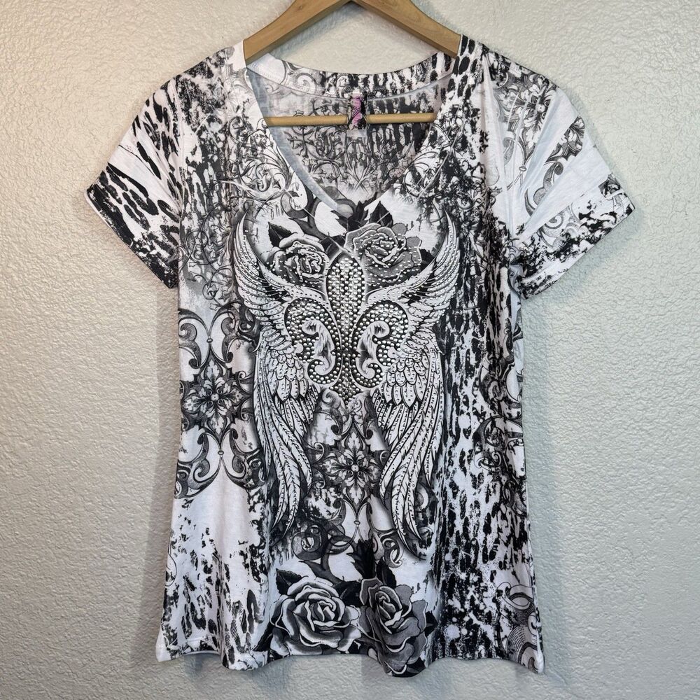 VTG Y2K Otomix Top White Embellished Graphic Tattoo Slim Fit USA Made Women L